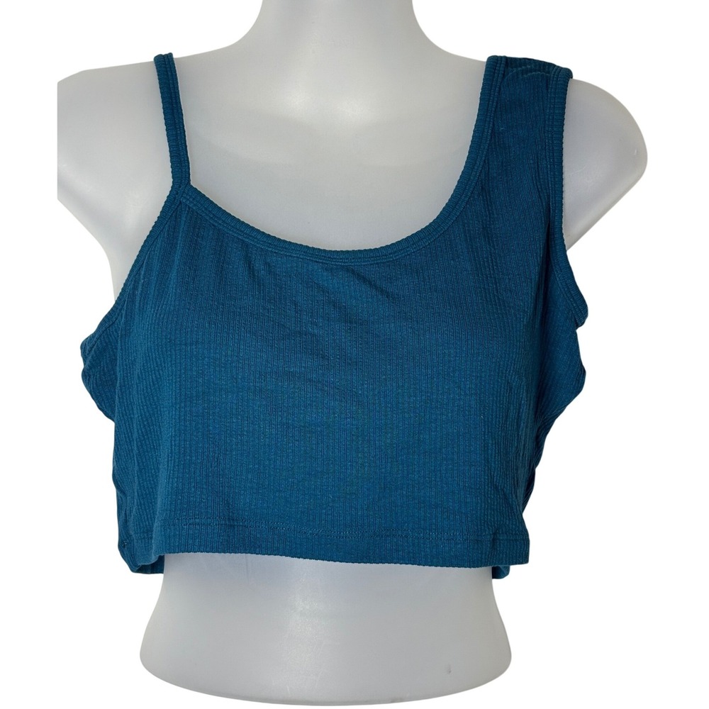 Berlook Ribbed Asymmetrical Crop Top Teal Blue Spaghetti Strap Tank L